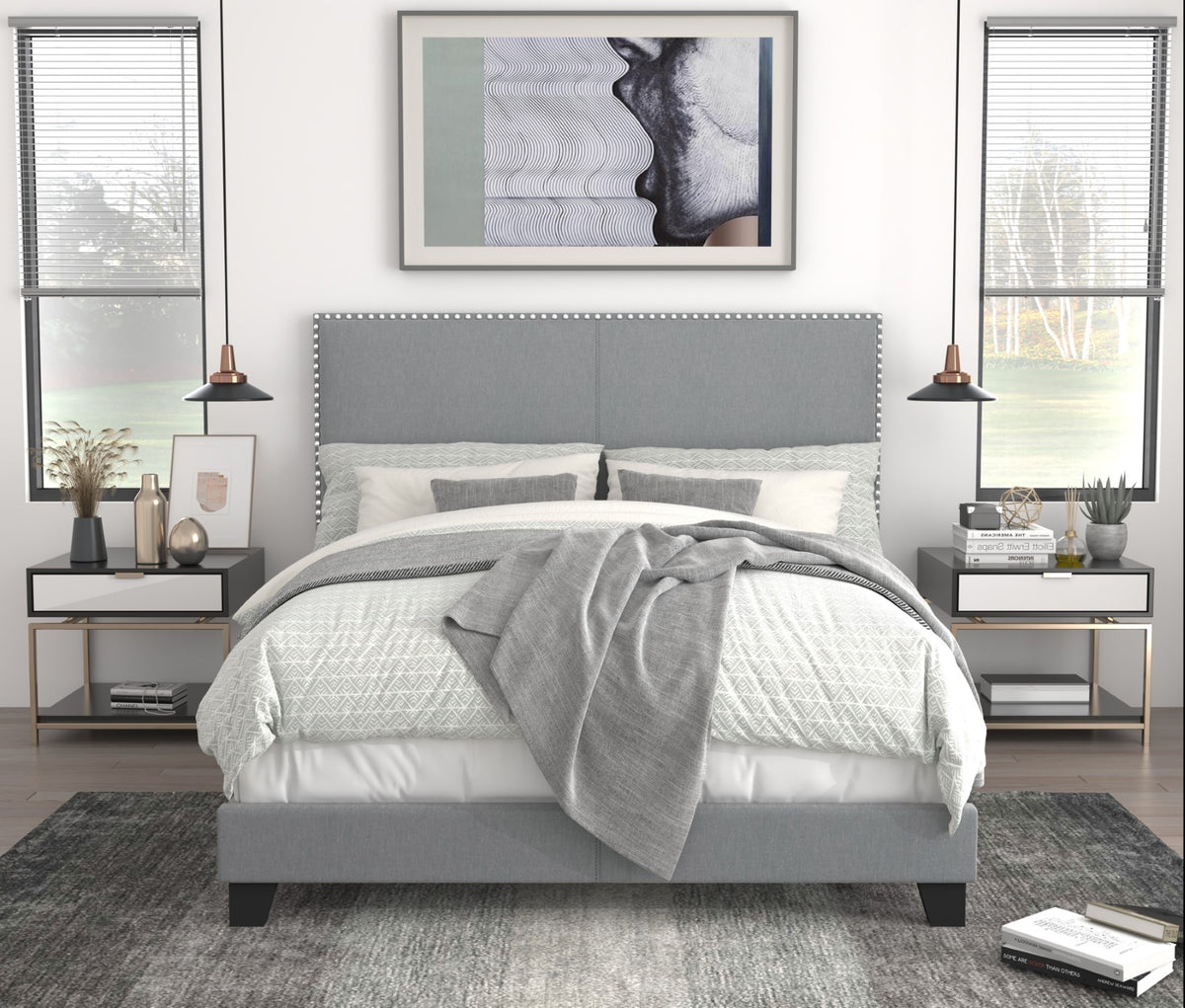 Home Design Ace Nail head Trim Linen Upholstered Bed Frame, Adult, Light Gray