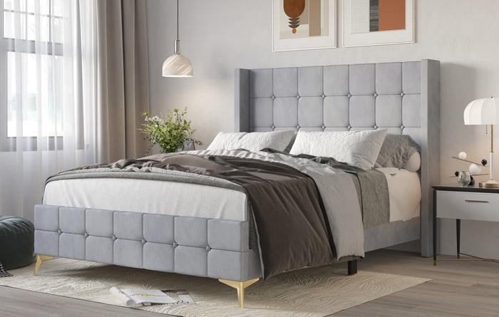 Home Design Gisella Upholstered Panel Bed Frame with Headboard Wingback for Adult
