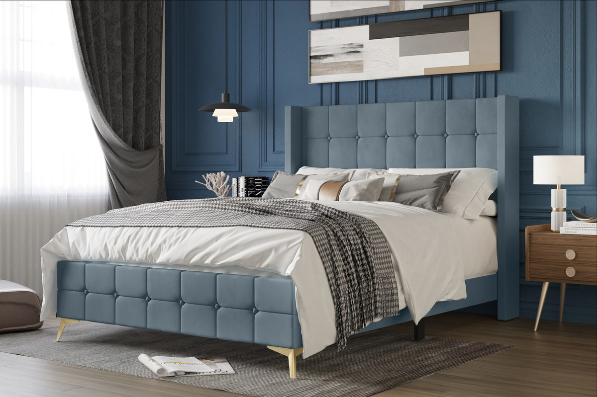 Home Design Gisella Upholstered Panel Bed Frame with Headboard Wingback for Adult