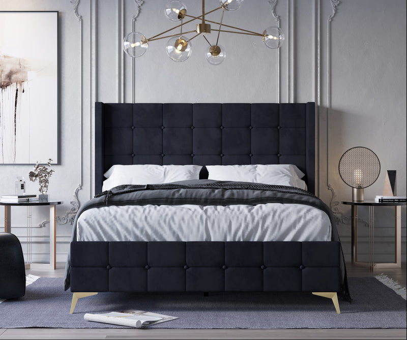 Home Design Gisella Upholstered Panel Bed Frame with Headboard Wingback for Adult