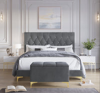 Home Design Pierre Upholstered Panel Bed Frame with Storage Bench, Gray