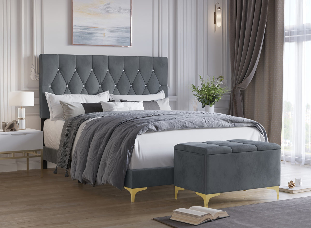 Home Design Pierre Upholstered Panel Bed Frame with Storage Bench, Gray