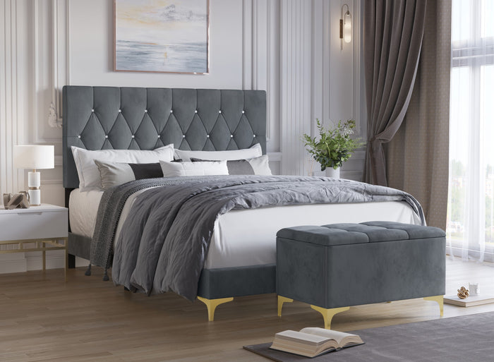 Home Design Pierre Upholstered Panel Bed Frame with Storage Bench, Gray