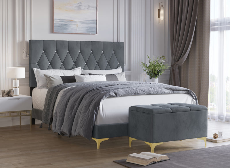 Home Design Pierre Upholstered Panel Bed Frame with Storage Bench, Gray