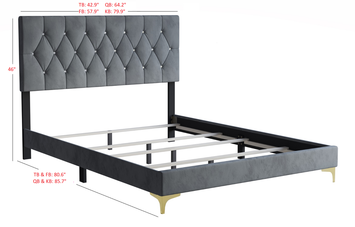 Home Design Pierre Upholstered Panel Bed Frame with Storage Bench, Gray