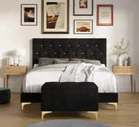 Home Design Betsy Button Tufted Upholstered Panel Bed Frame with Storage Bench, Black, Easy Assembly