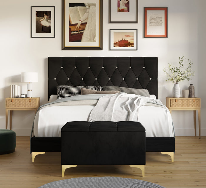 Home Design Betsy Button Tufted Upholstered Panel Bed Frame with Storage Bench, Black, Easy Assembly