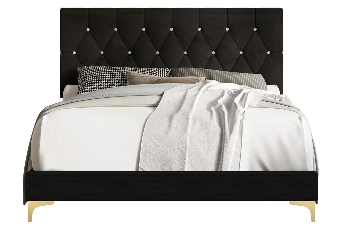 Home Design Betsy Button Tufted Upholstered Panel Bed Frame with Storage Bench, Black, Easy Assembly