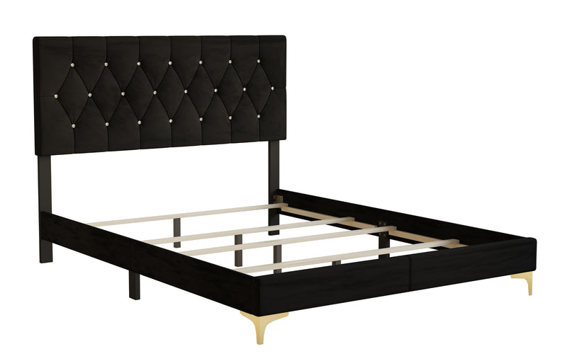 Home Design Betsy Button Tufted Upholstered Panel Bed Frame with Storage Bench, Black, Easy Assembly