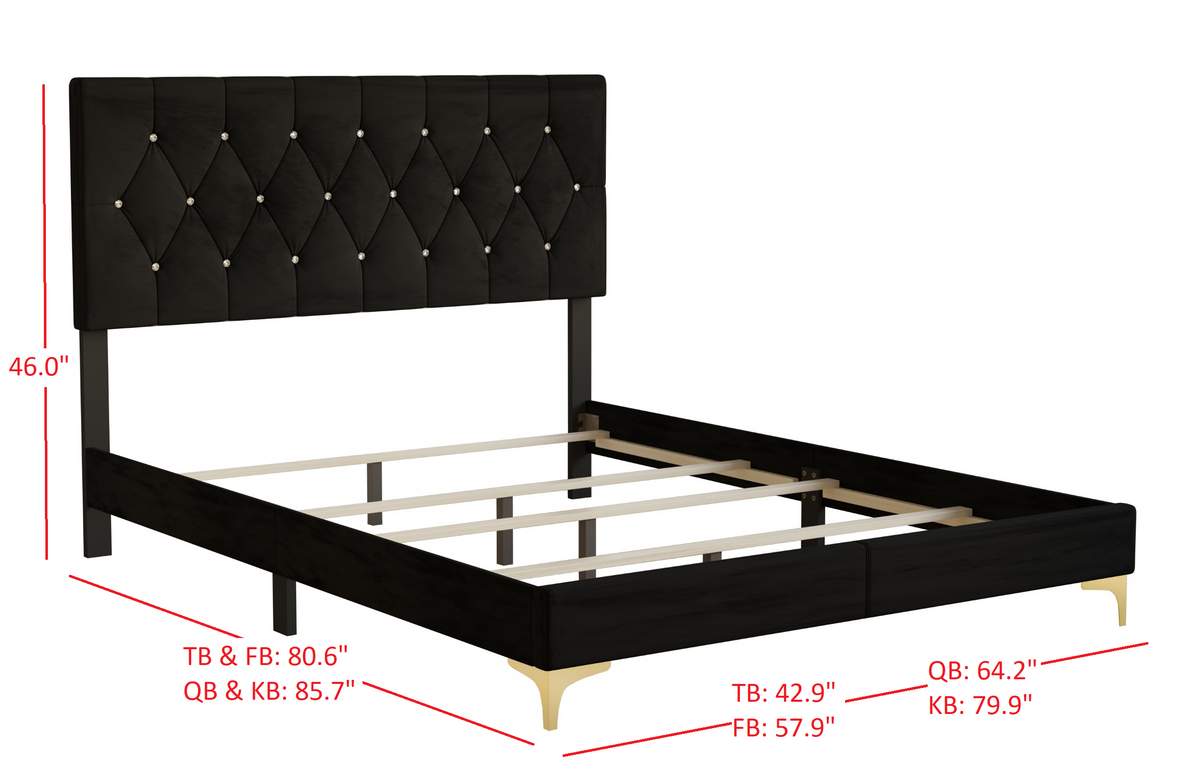 Home Design Betsy Button Tufted Upholstered Panel Bed Frame with Storage Bench, Black, Easy Assembly
