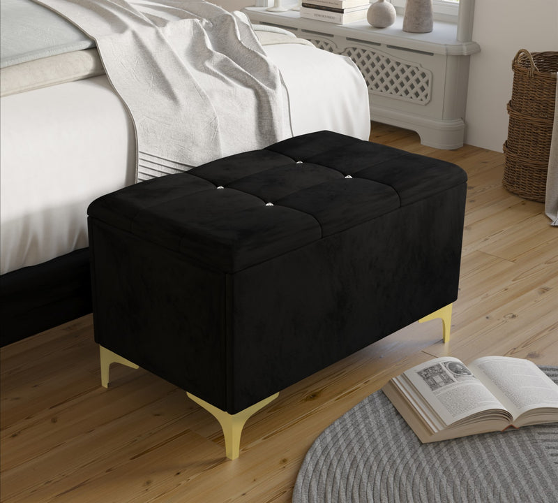 Home Design Betsy Button Tufted Upholstered Panel Bed Frame with Storage Bench, Black, Easy Assembly