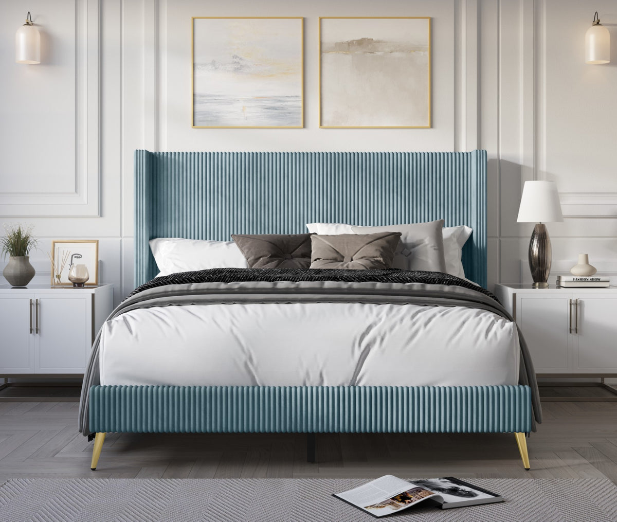 Home Design Chester Upholstered Platform Bed Frame, Gray