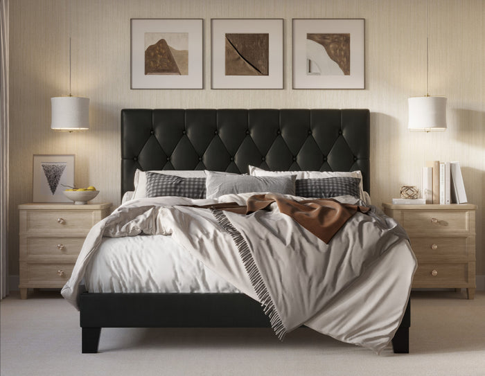 Home Design Daisy Modern Upholstered Platform Bed Frame for Adults, Button Tufted Headboard