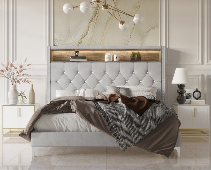 Home Design Javan Velvet Upholstered Bookcase Panel Bed Frame for Adult, Easy Assembly