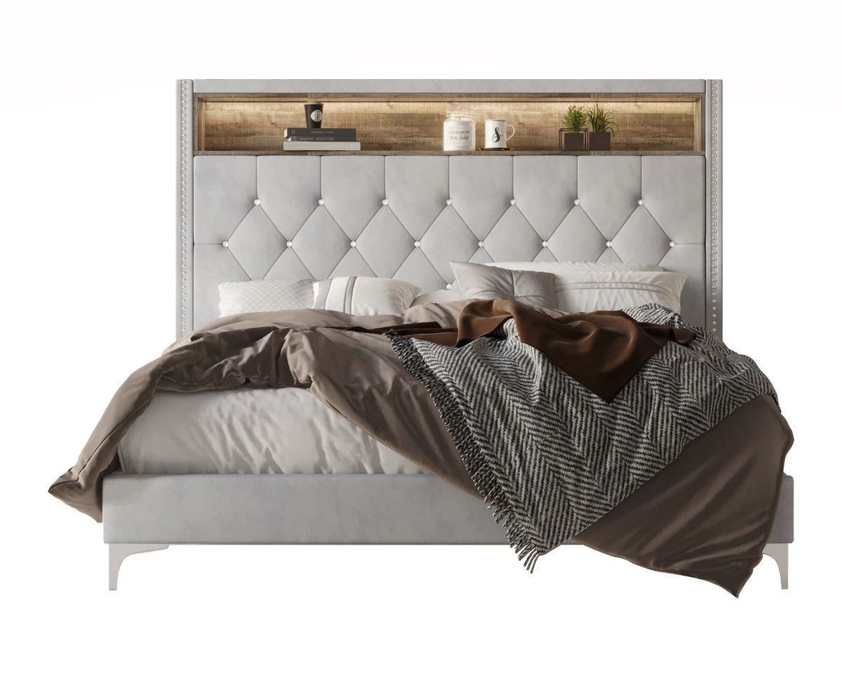 Home Design Javan Velvet Upholstered Bookcase Panel Bed Frame for Adult, Easy Assembly