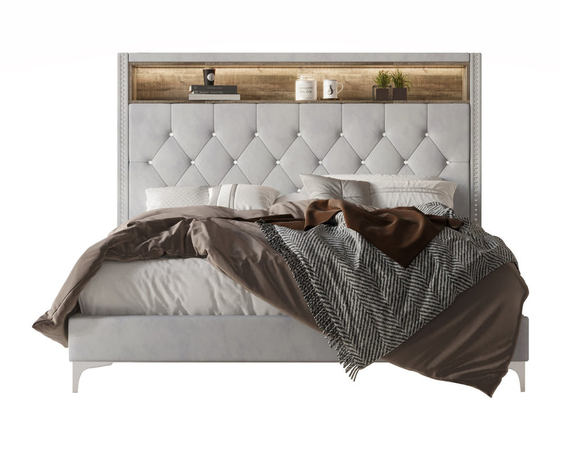 Home Design Javan Velvet Upholstered Bookcase Panel Bed Frame for Adult, Easy Assembly