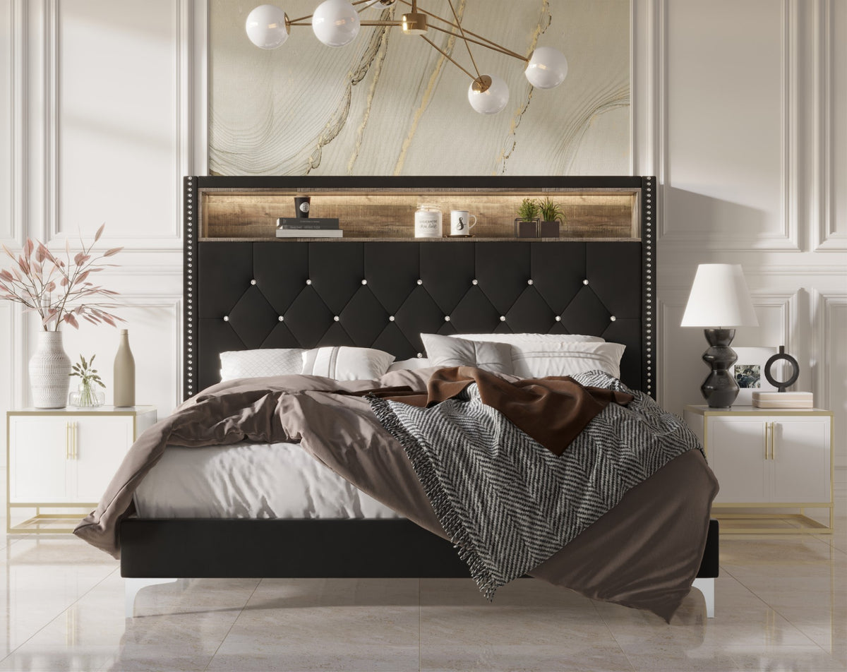 Home Design Javan Velvet Upholstered Bookcase Panel Bed Frame for Adult, Easy Assembly