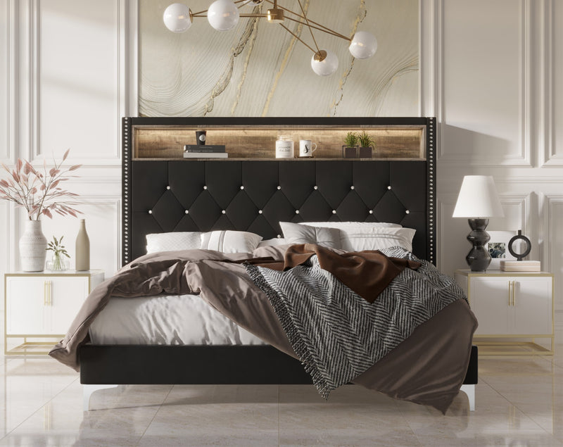 Home Design Javan Velvet Upholstered Bookcase Panel Bed Frame for Adult, Easy Assembly