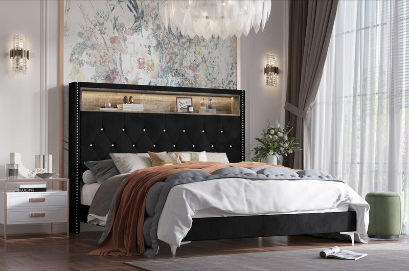 Home Design Javan Velvet Upholstered Bookcase Panel Bed Frame for Adult, Easy Assembly