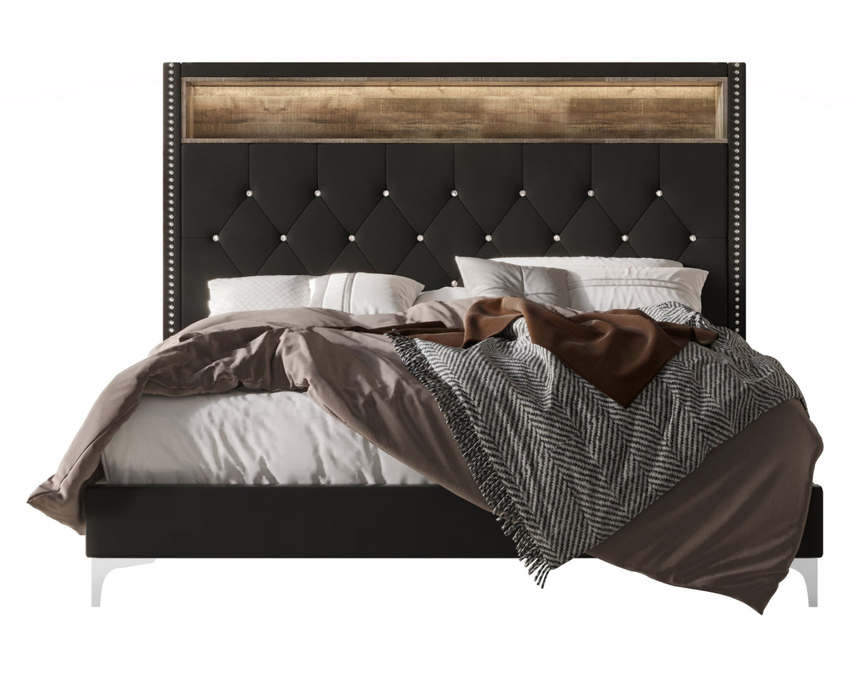Home Design Javan Velvet Upholstered Bookcase Panel Bed Frame for Adult, Easy Assembly