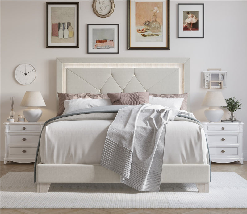 Home Design Perina Upholstered Panel Bed Frame with LED Light, Warm Gray, Adult Bedroom Furniture