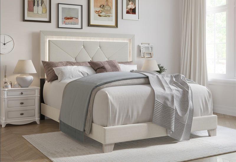 Home Design Perina Upholstered Panel Bed Frame with LED Light, Warm Gray, Adult Bedroom Furniture