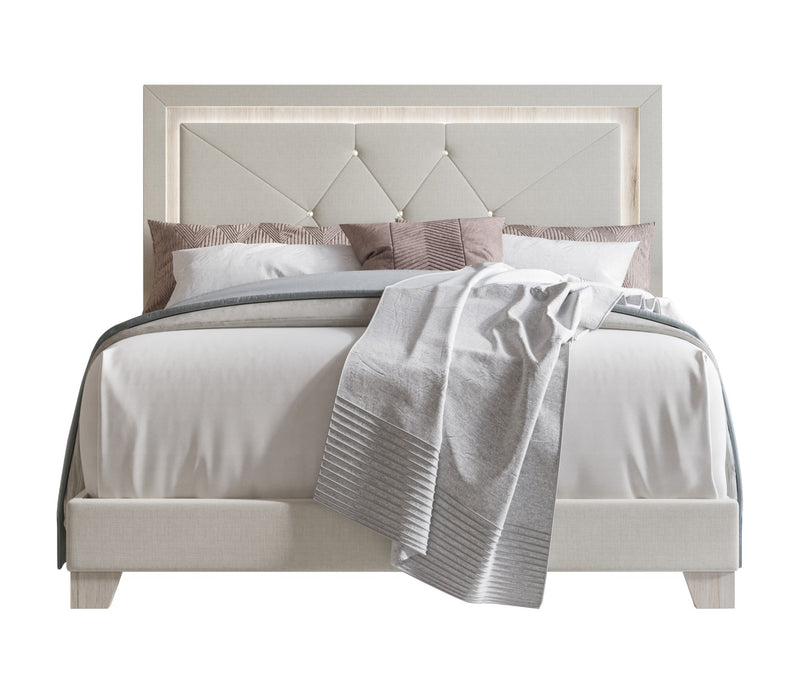 Home Design Perina Upholstered Panel Bed Frame with LED Light, Warm Gray, Adult Bedroom Furniture