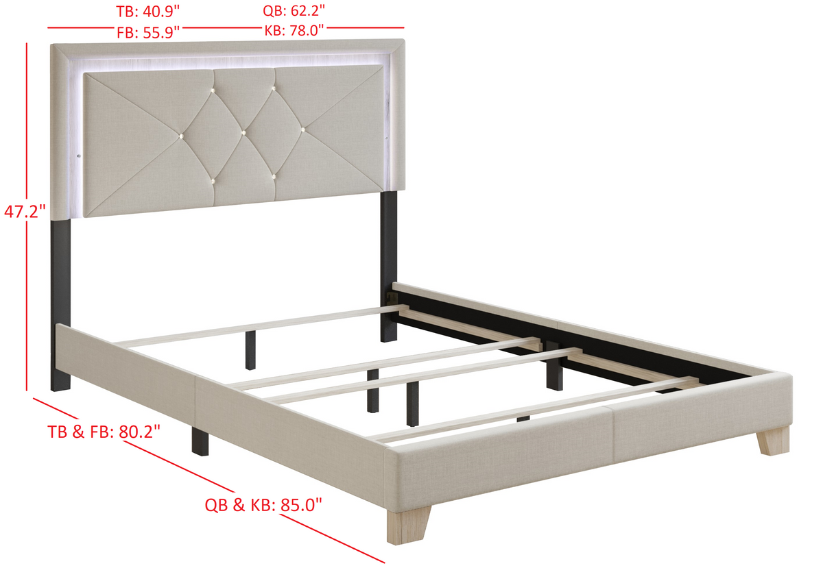 Home Design Perina Upholstered Panel Bed Frame with LED Light, Warm Gray, Adult Bedroom Furniture