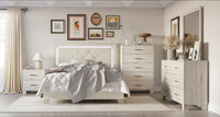 Home Design Perina Upholstered Panel Bed Frame with LED Light, Warm Gray, Adult Bedroom Furniture