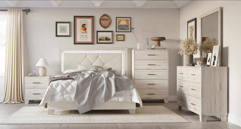 Home Design Perina Upholstered Panel Bed Frame with LED Light, Warm Gray, Adult Bedroom Furniture