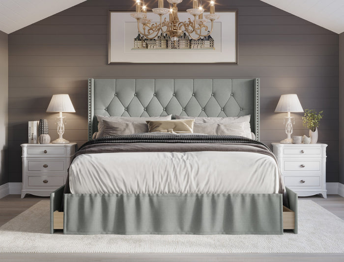Home Design Andrea Upholstered Storage Panel Bed Frame, Button Tufted Linen Wingback Headboard – Modern Adult Bedroom Furniture