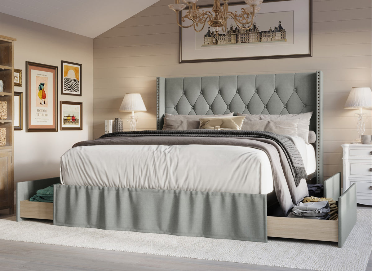 Home Design Andrea Upholstered Storage Panel Bed Frame, Button Tufted Linen Wingback Headboard – Modern Adult Bedroom Furniture