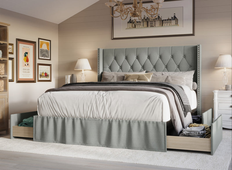 Home Design Andrea Upholstered Storage Panel Bed Frame, Button Tufted Linen Wingback Headboard – Modern Adult Bedroom Furniture