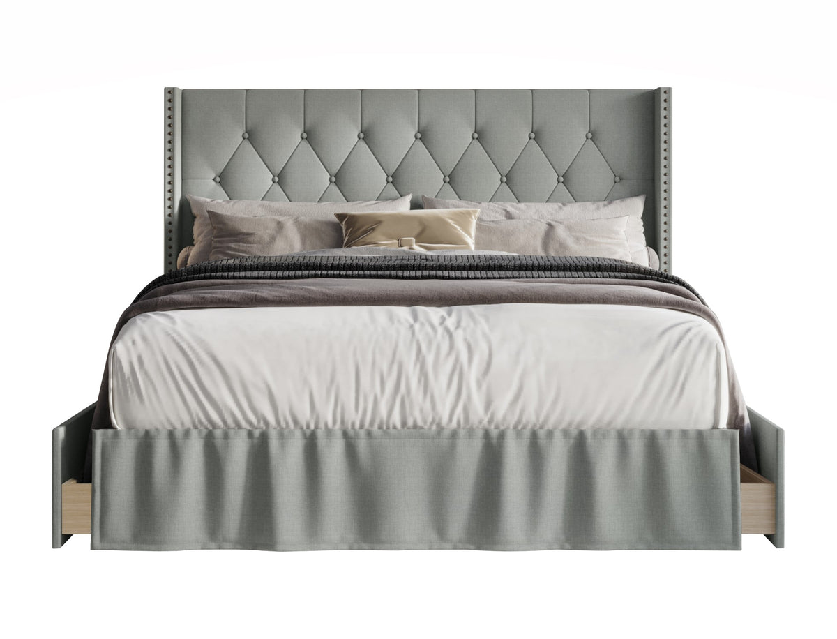 Home Design Andrea Upholstered Storage Panel Bed Frame, Button Tufted Linen Wingback Headboard – Modern Adult Bedroom Furniture