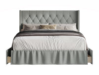 Home Design Andrea Upholstered Storage Panel Bed Frame, Button Tufted Linen Wingback Headboard – Modern Adult Bedroom Furniture