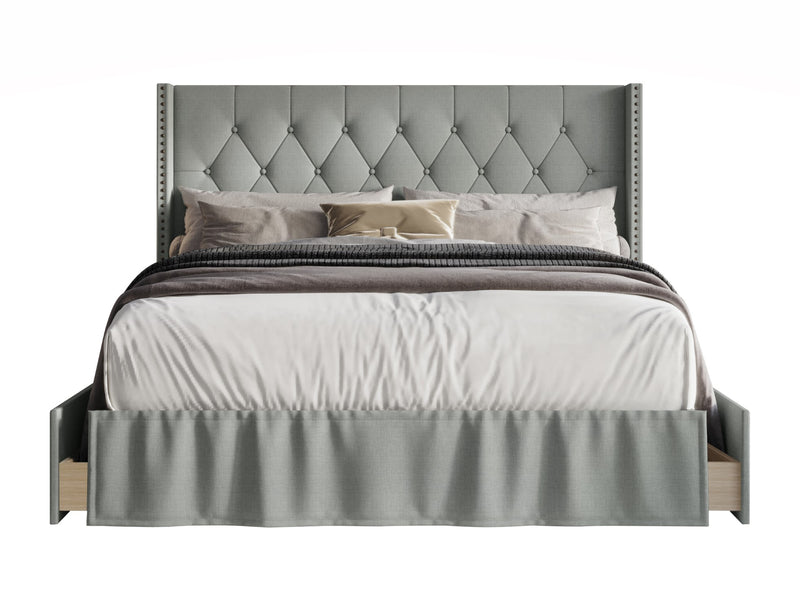 Home Design Andrea Upholstered Storage Panel Bed Frame, Button Tufted Linen Wingback Headboard – Modern Adult Bedroom Furniture