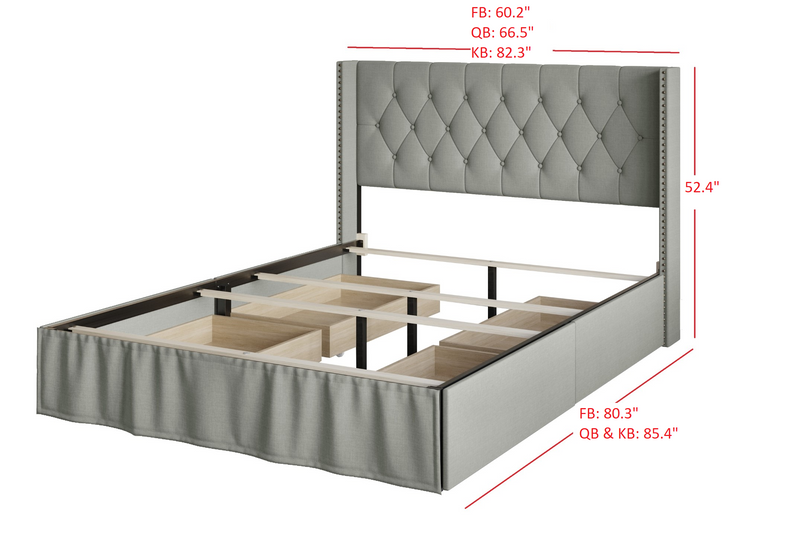 Home Design Andrea Upholstered Storage Panel Bed Frame, Button Tufted Linen Wingback Headboard – Modern Adult Bedroom Furniture
