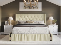 Home Design Andrea Upholstered Storage Panel Bed Frame, Button Tufted Linen Wingback Headboard – Modern Adult Bedroom Furniture