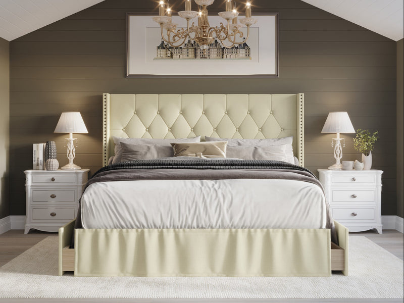 Home Design Andrea Upholstered Storage Panel Bed Frame, Button Tufted Linen Wingback Headboard – Modern Adult Bedroom Furniture