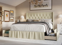 Home Design Andrea Upholstered Storage Panel Bed Frame, Button Tufted Linen Wingback Headboard – Modern Adult Bedroom Furniture