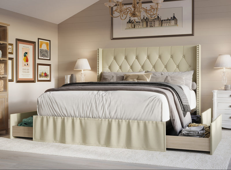 Home Design Andrea Upholstered Storage Panel Bed Frame, Button Tufted Linen Wingback Headboard – Modern Adult Bedroom Furniture