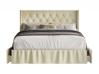 Home Design Andrea Upholstered Storage Panel Bed Frame, Button Tufted Linen Wingback Headboard – Modern Adult Bedroom Furniture