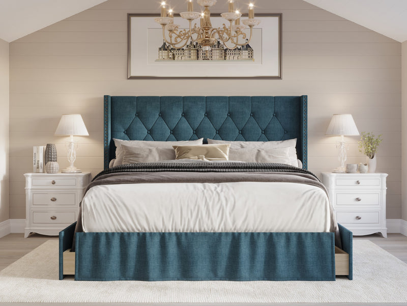 Home Design Andrea Upholstered Storage Panel Bed Frame, Button Tufted Linen Wingback Headboard – Modern Adult Bedroom Furniture