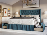 Home Design Andrea Upholstered Storage Panel Bed Frame, Button Tufted Linen Wingback Headboard – Modern Adult Bedroom Furniture