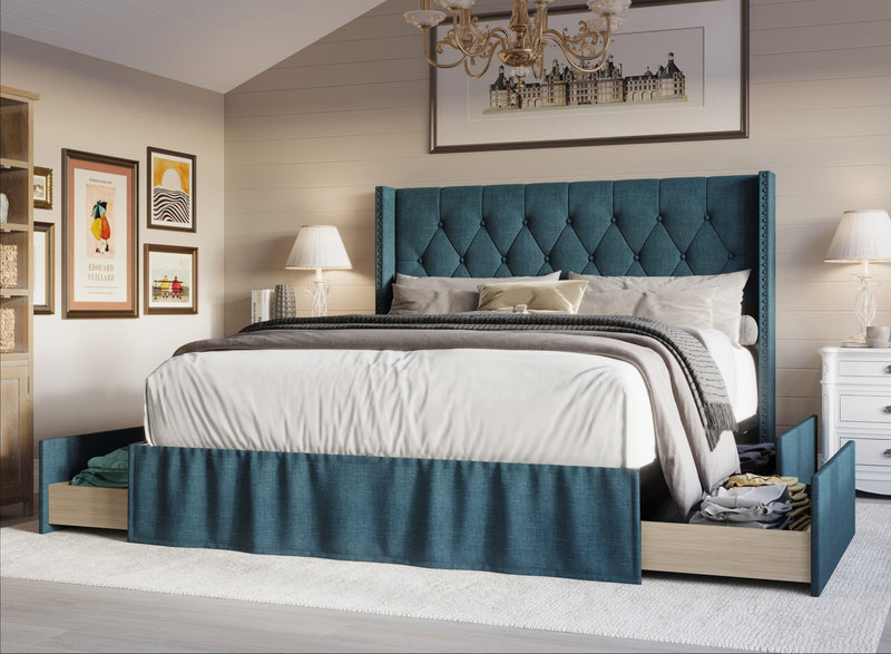 Home Design Andrea Upholstered Storage Panel Bed Frame, Button Tufted Linen Wingback Headboard – Modern Adult Bedroom Furniture