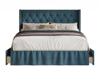 Home Design Andrea Upholstered Storage Panel Bed Frame, Button Tufted Linen Wingback Headboard – Modern Adult Bedroom Furniture