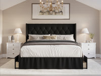 Home Design Andrea Upholstered Storage Panel Bed Frame, Button Tufted Linen Wingback Headboard – Modern Adult Bedroom Furniture