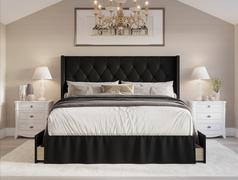 Home Design Andrea Upholstered Storage Panel Bed Frame, Button Tufted Linen Wingback Headboard – Modern Adult Bedroom Furniture