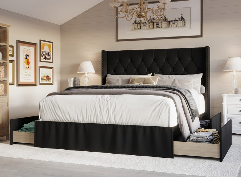 Home Design Andrea Upholstered Storage Panel Bed Frame, Button Tufted Linen Wingback Headboard – Modern Adult Bedroom Furniture