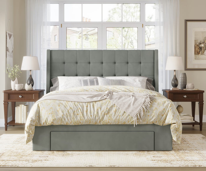 Home Design Pamela Tufted Velvet Upholstered Storage Panel Bed Frame, Wingback Headboard with Geometric Button Tufting – Modern Bedroom Furniture